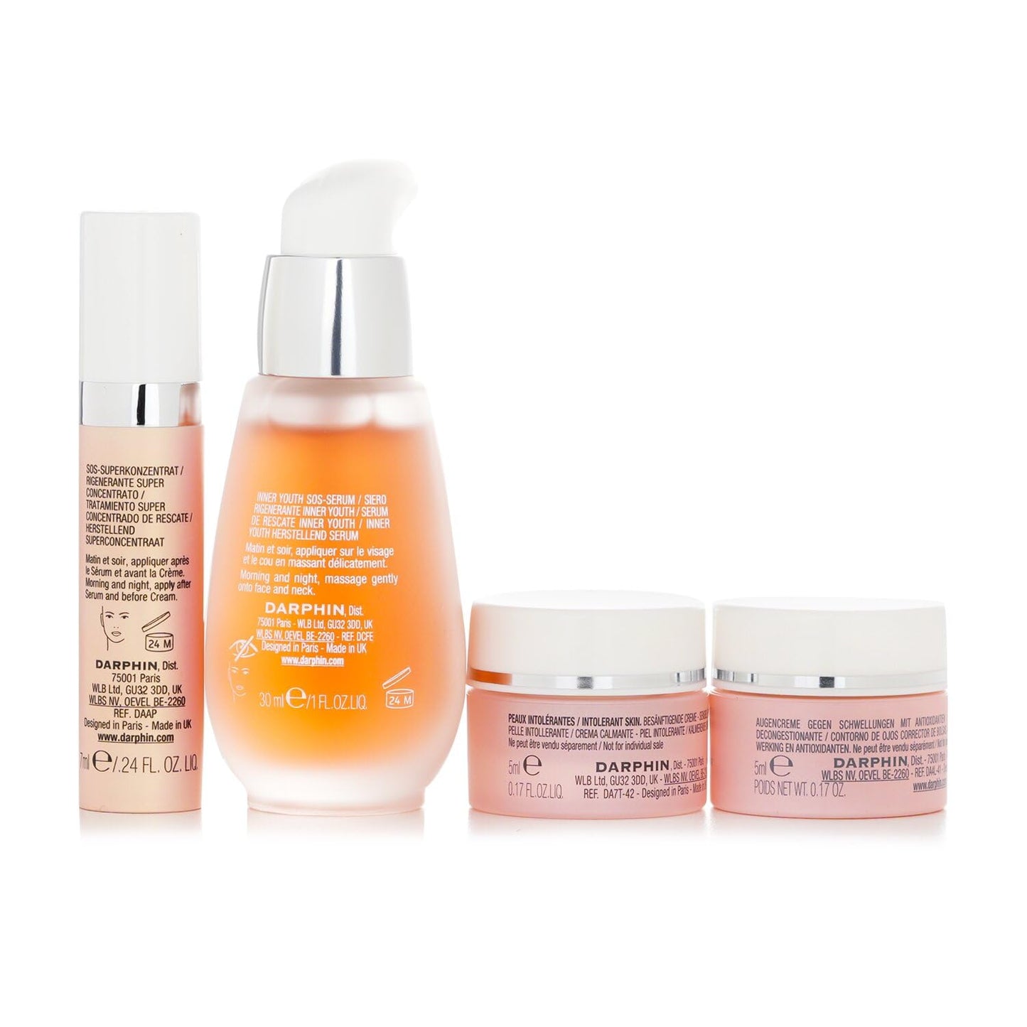 Eye cream set, 4-piece Darphin skincare in pink packaging with pump bottle and jars on Tampa Home & Garden Store