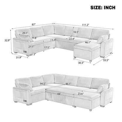 Convertible U-shaped sectional sofa bed with reversible chaise by HouseOfZazla in gray striped fabric 111.2 in wide on Tampa Home & Garden Store