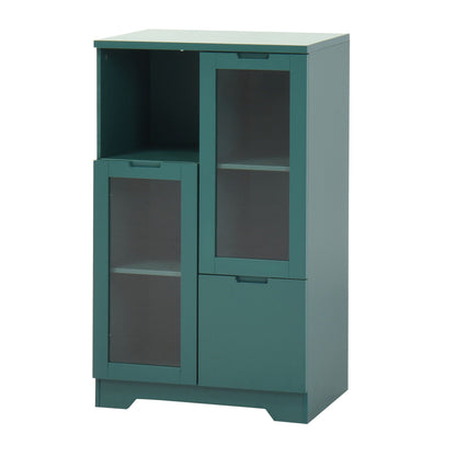 Modern accent cabinet with teal finish, glass doors and a drawer, adjustable shelves on Tampa Home & Garden Store