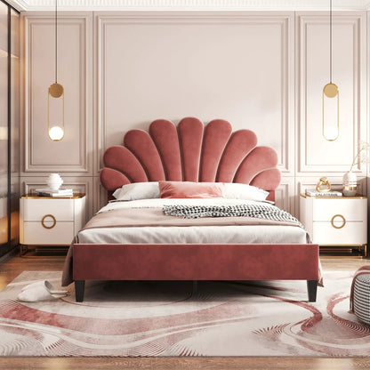 Upholstered platform bed with pink velvet flower headboard and pair of gold-accent nightstands on Tampa Home & Garden Store