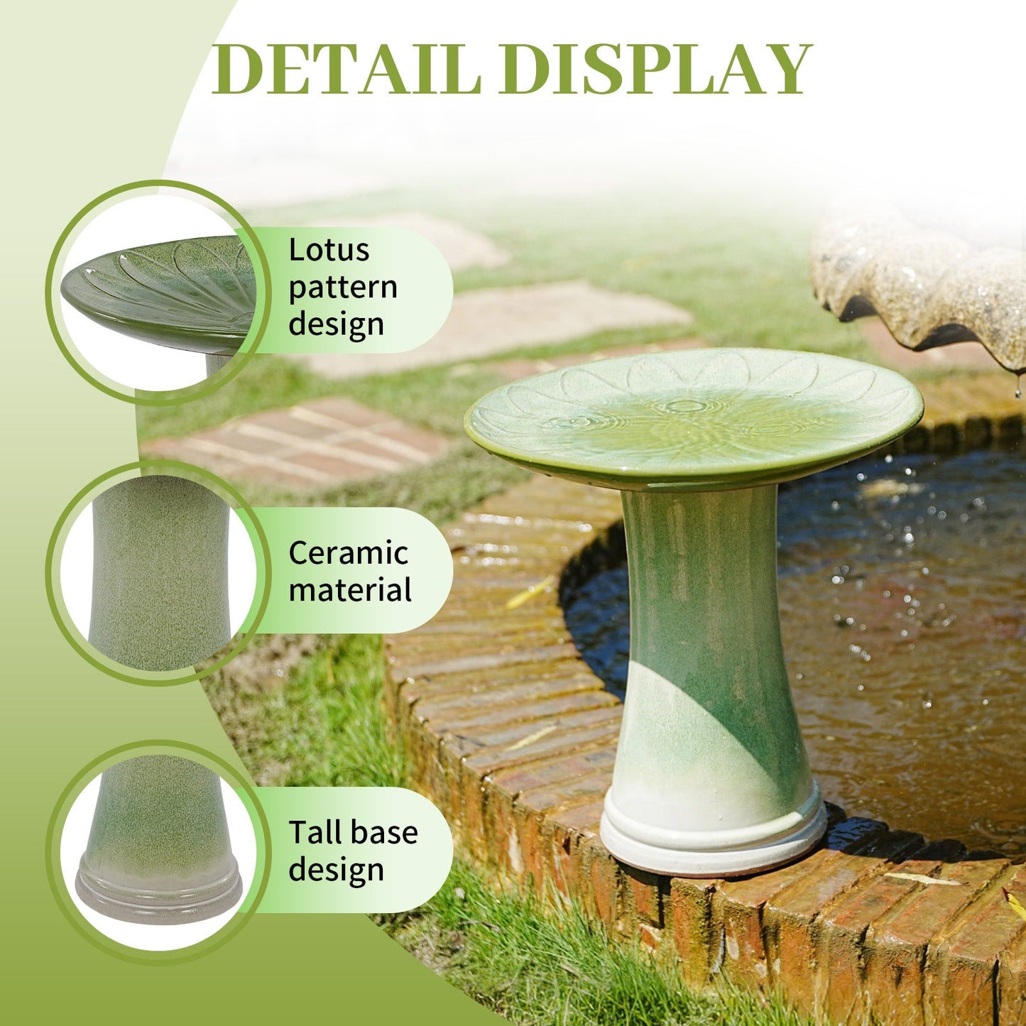 Handmade glazed ceramic bird bath in green with a daisy petal embossed tray by HouseOfZazla on Tampa Home & Garden Store