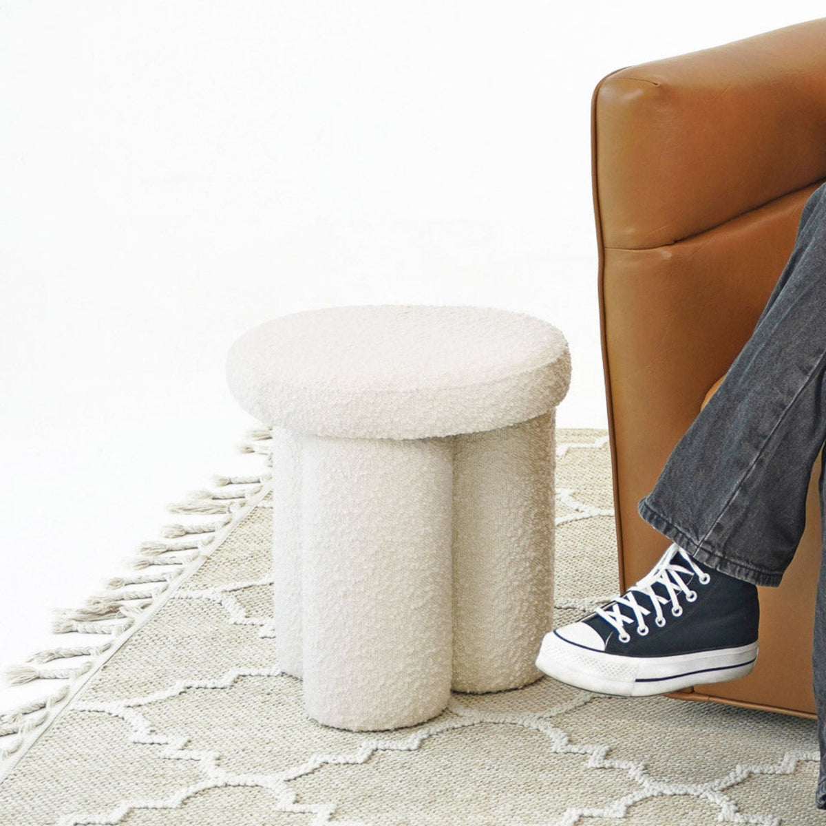 Wesley ivory Sherpa upholstered accent stool round cream fabric on Tampa Home & Garden Store