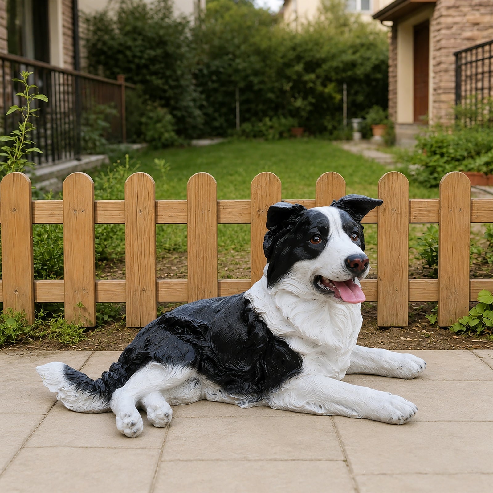 Outdoor Border Collie dog statue greeter in black and white, lying by a wooden picket fence on Tampa Home & Garden Store