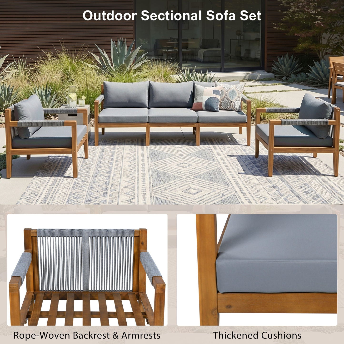 HouseOfZazla 3 Piece Outdoor Sectional Sofa Set with gray cushions and wood frame on Tampa Home & Garden Store