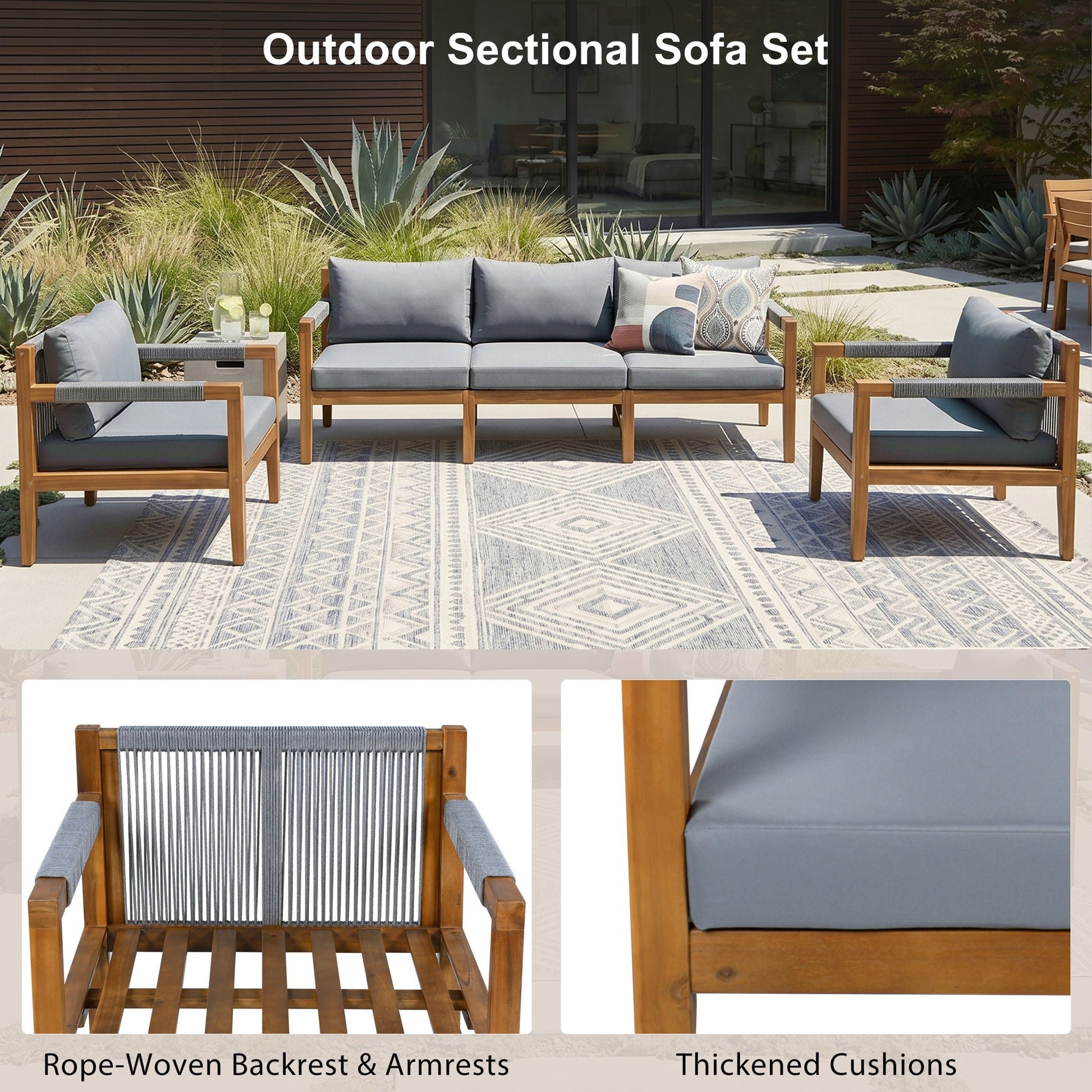 HouseOfZazla 3 Piece Outdoor Sectional Sofa Set with gray cushions and wood frame on Tampa Home & Garden Store