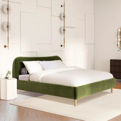 Roman curved headboard upholstered platform bed in green fabric by Unique Piece Furniture on Tampa Home & Garden Store