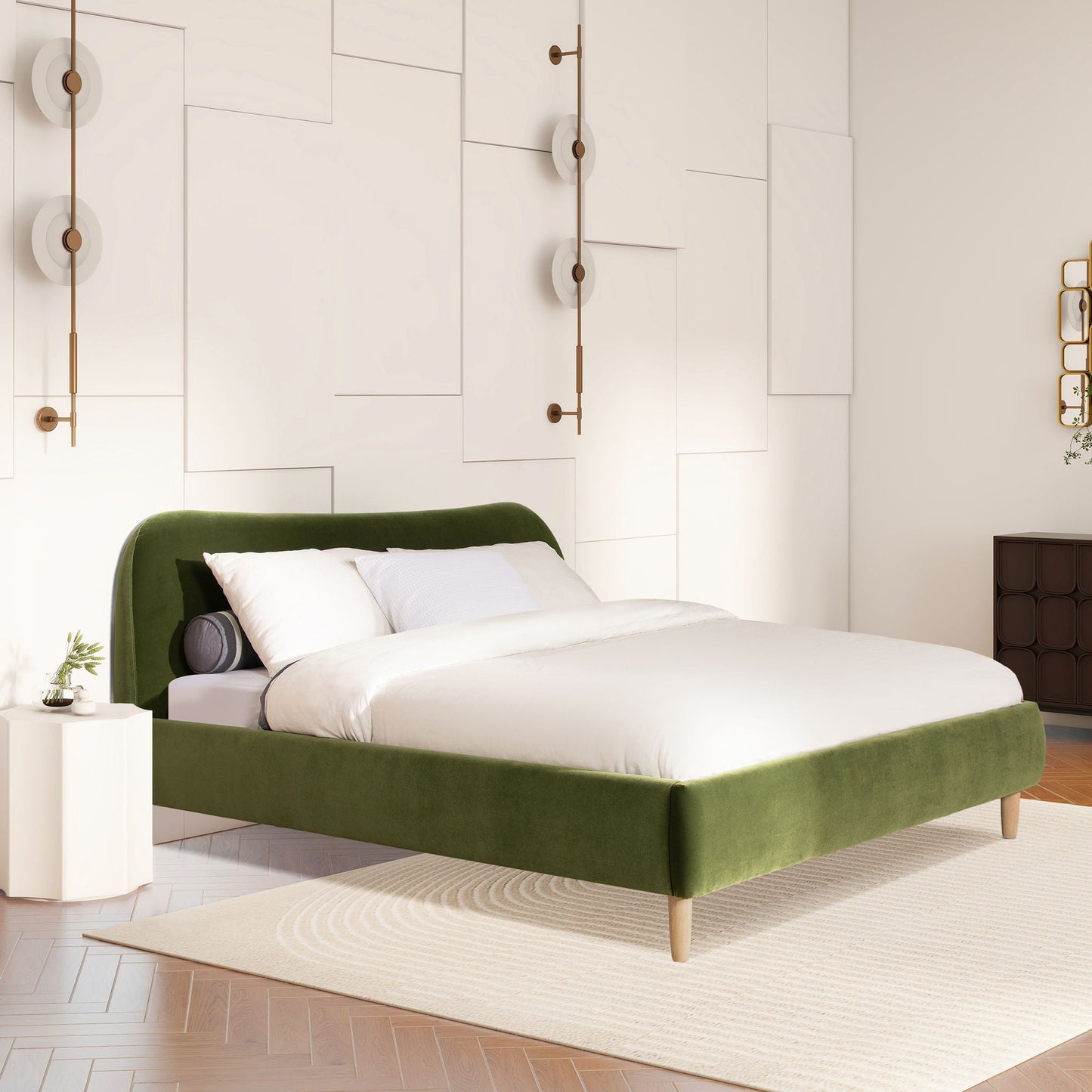 Curved Headboard and Upholstered Platform Bed