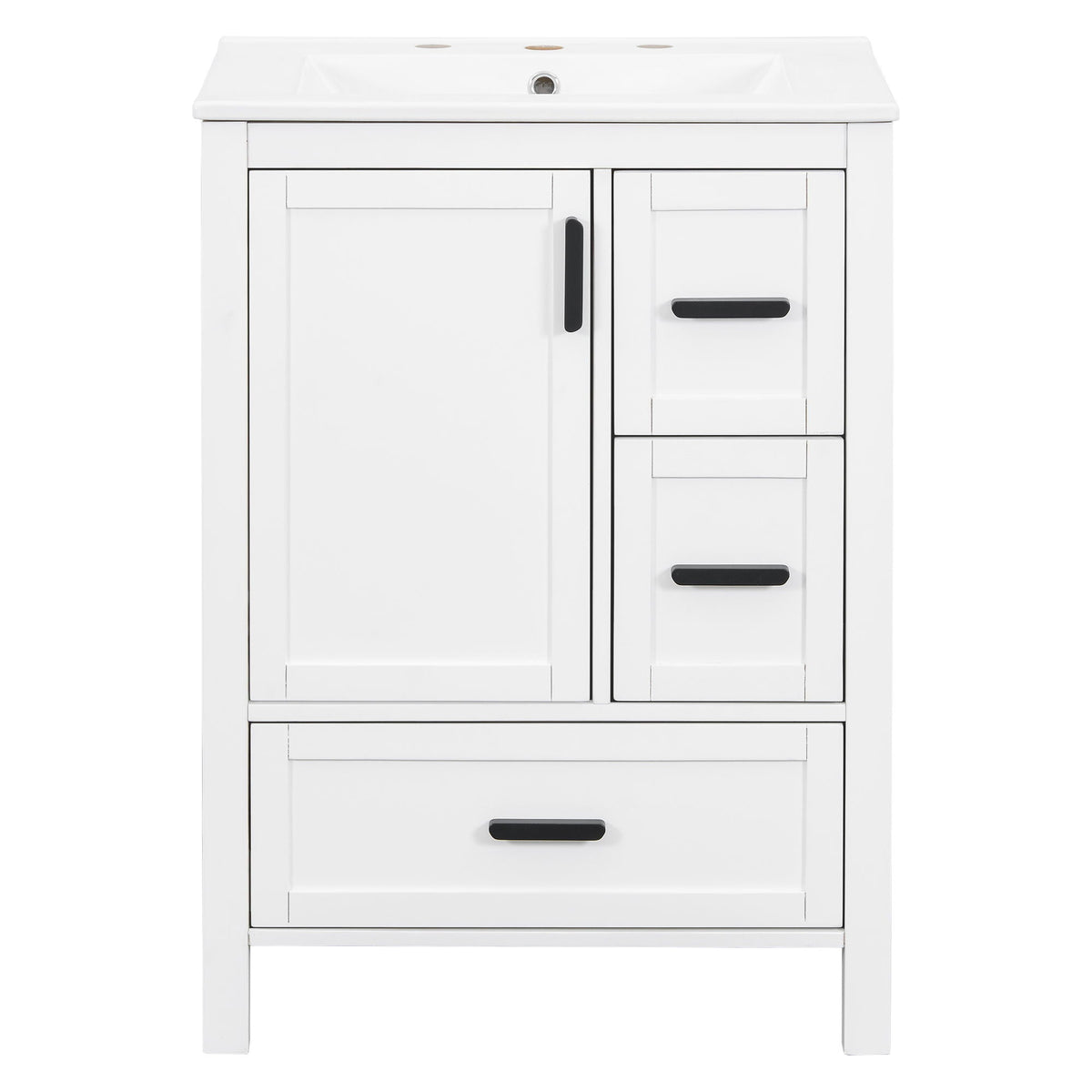 Bathroom vanity with sink in white, soft-close doors and 3 drawers, black hardware on Tampa Home & Garden Store