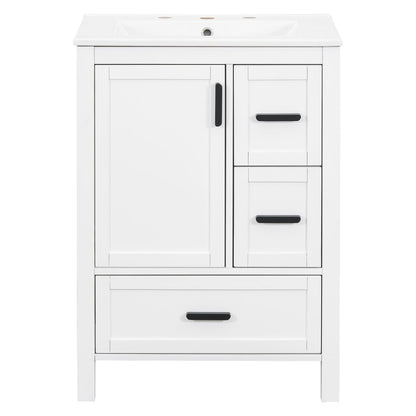 Bathroom vanity with sink in white, soft-close doors and 3 drawers, black hardware on Tampa Home & Garden Store