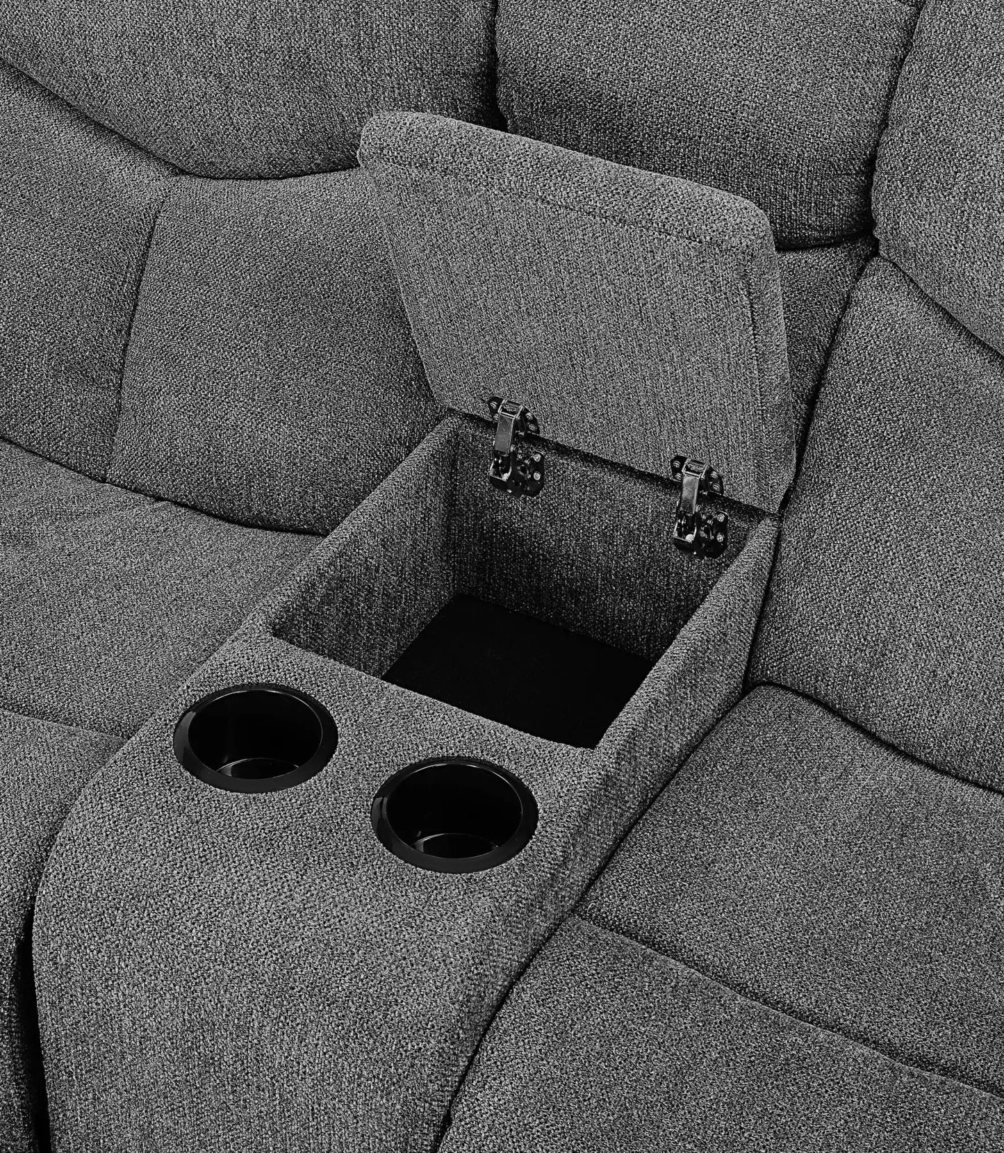 Kalen chenille gray reclining sofa with drop-down table and built-in cup holders on Tampa Home & Garden Store