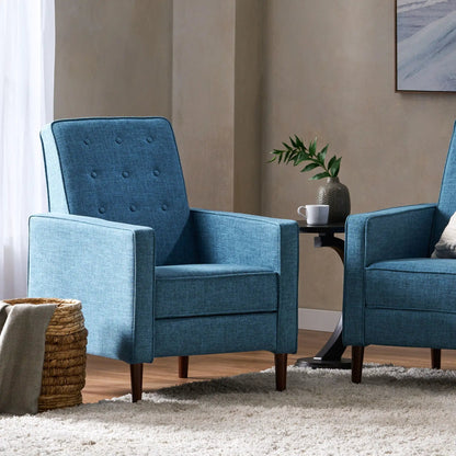 Pair of blue mid-century modern reclining chairs with button tufting, waffle stitch fabric and dark wood legs on Tampa Home & Garden Store