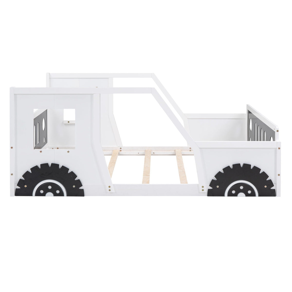 Classic Car Shaped Platform Bed With Wheels white wooden bed frame with large black wheels on Tampa Home & Garden Store