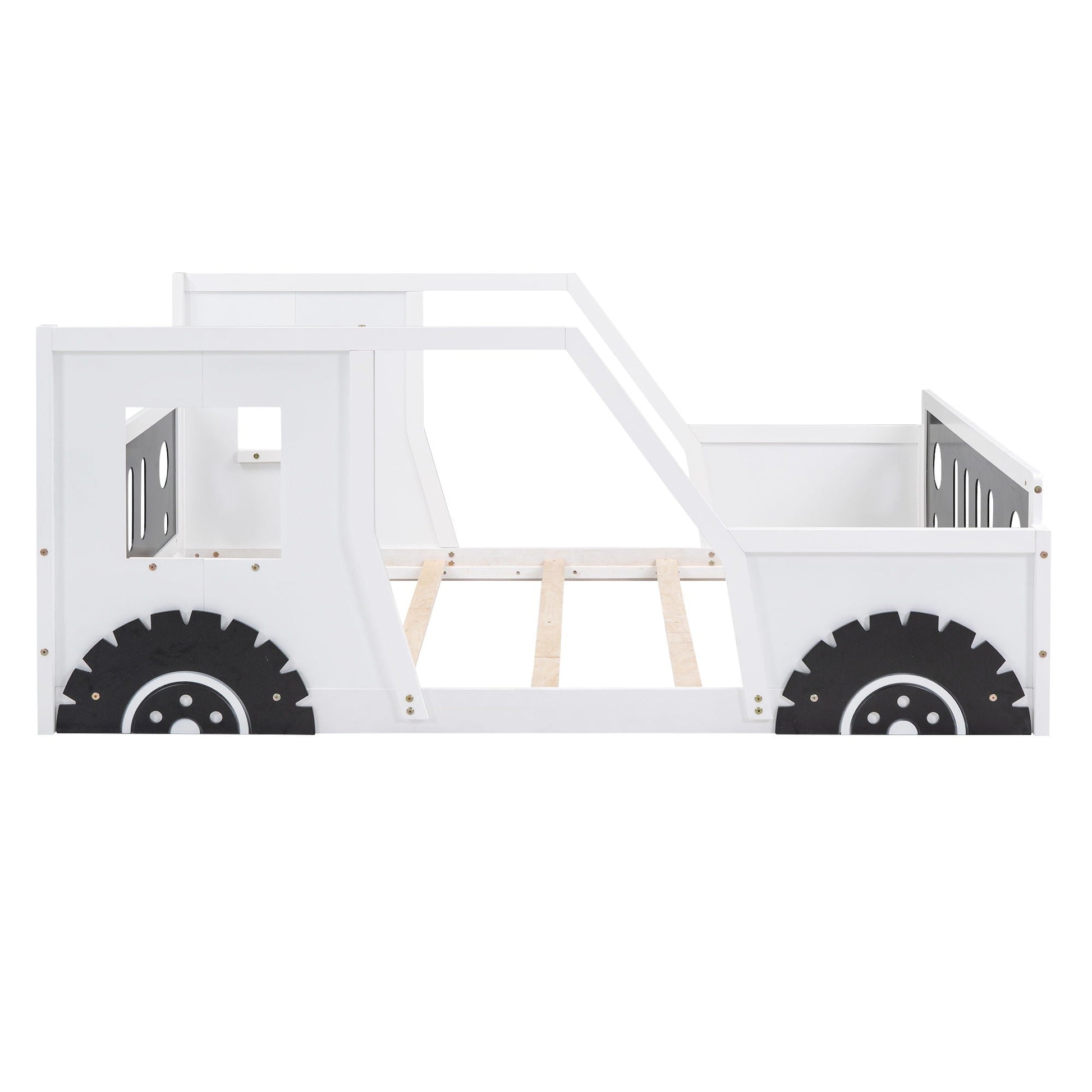 Classic Car Shaped Platform Bed With Wheels white wooden bed frame with large black wheels on Tampa Home & Garden Store