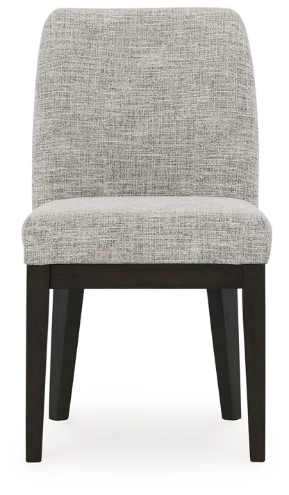 Burkhaus Dining UPH Side Chair beige textured upholstery with dark brown wood legs on Tampa Home & Garden Store