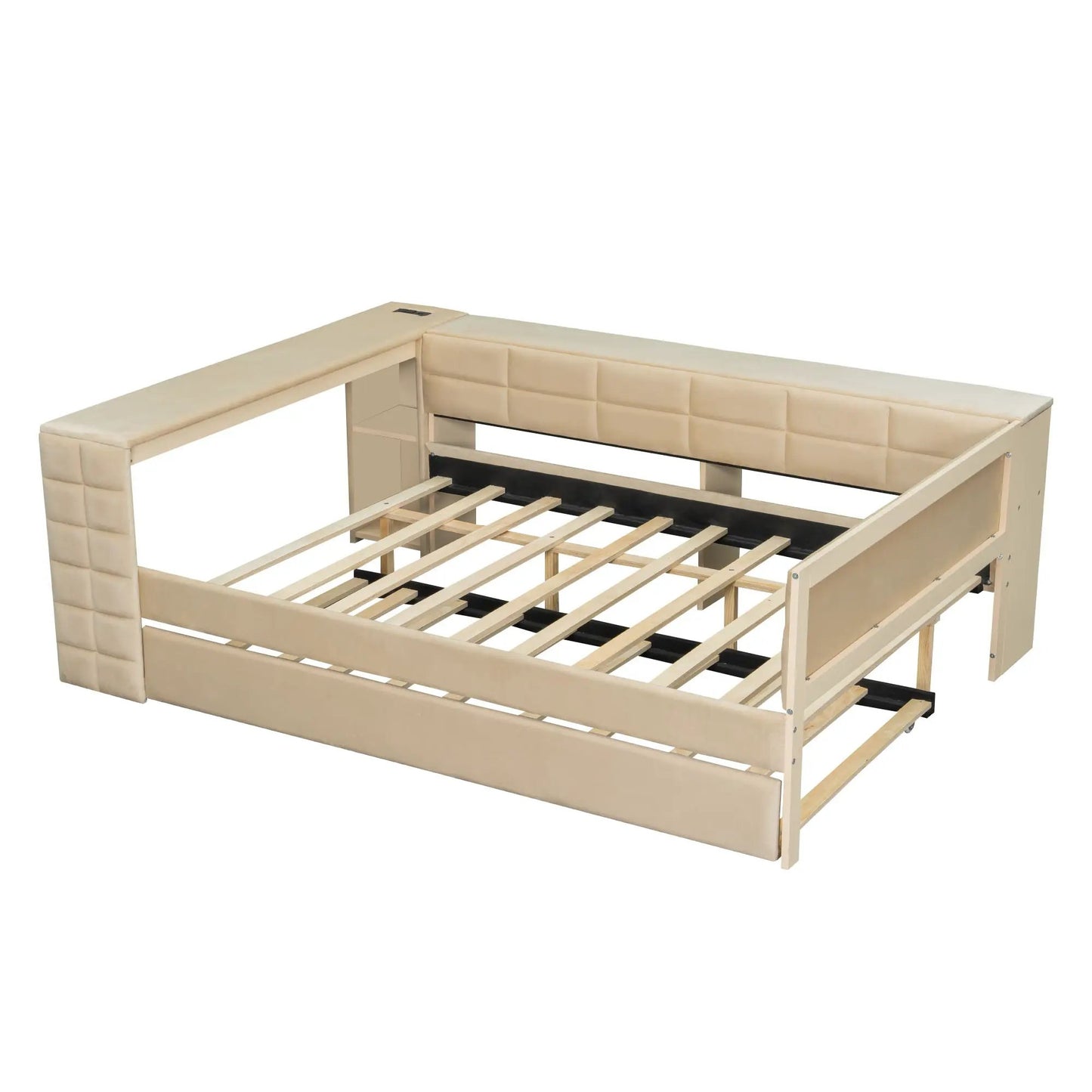 Upholstered Platform Bed with Storage Shelves