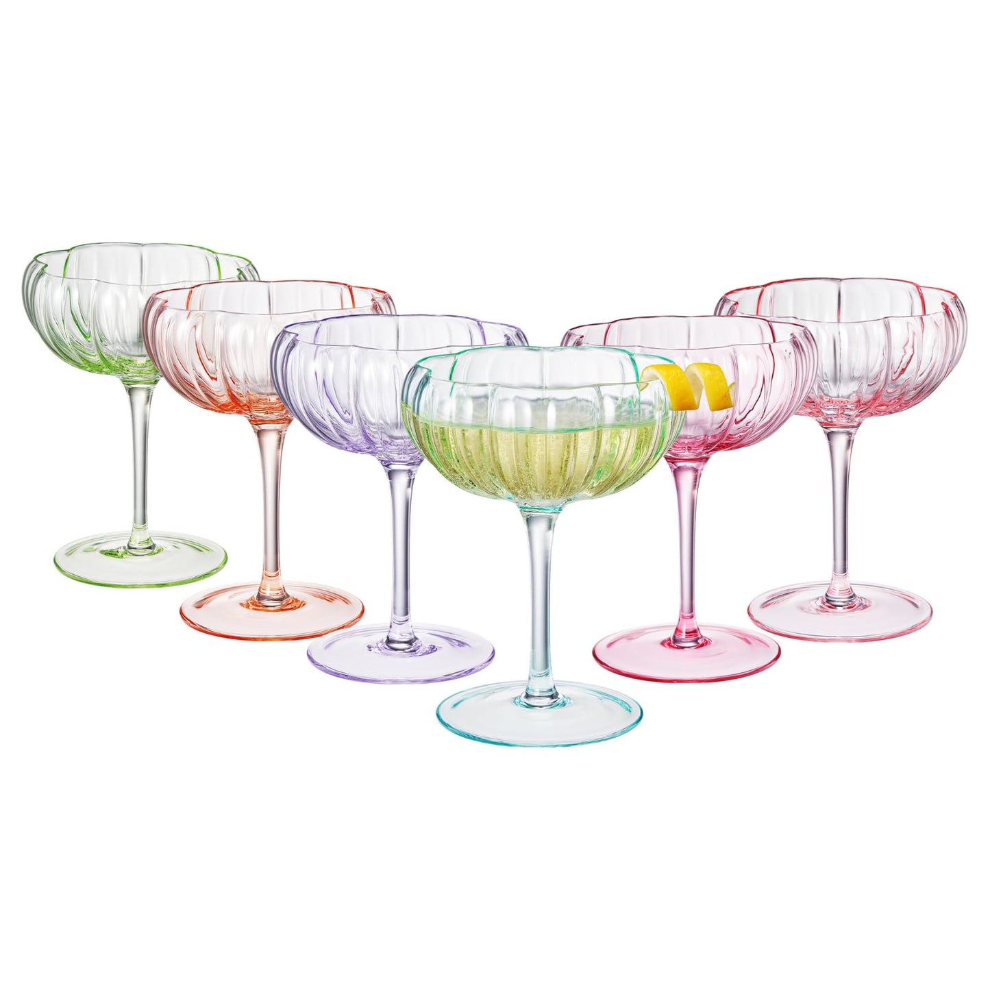 Set of six bright flower coupe cocktail glasses