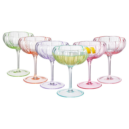 Set of six bright flower coupe cocktail glasses