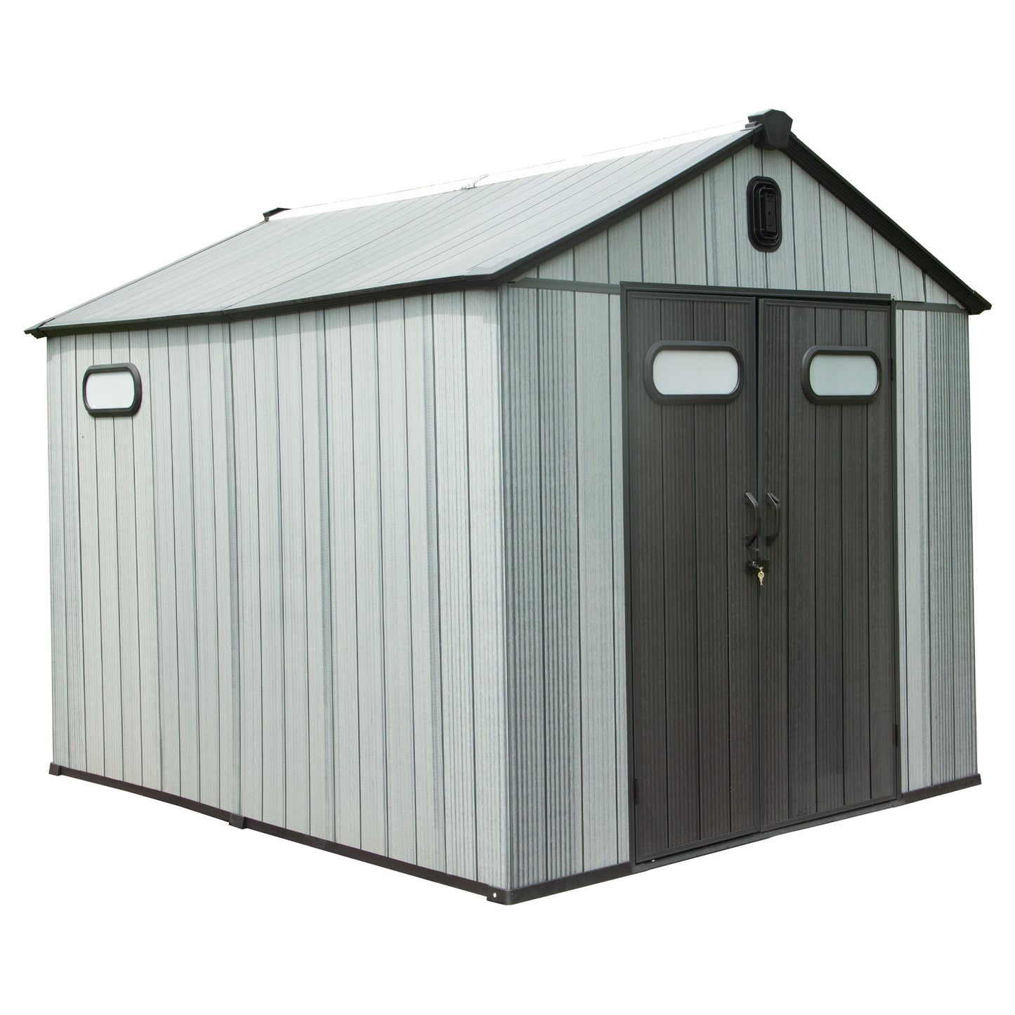 8x10ft resin storage shed with light-gray siding and dark-gray doors by HouseOfZazla on Tampa Home & Garden Store