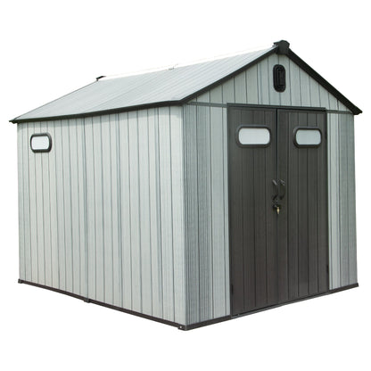 8x10ft resin storage shed with light-gray siding and dark-gray doors by HouseOfZazla on Tampa Home & Garden Store