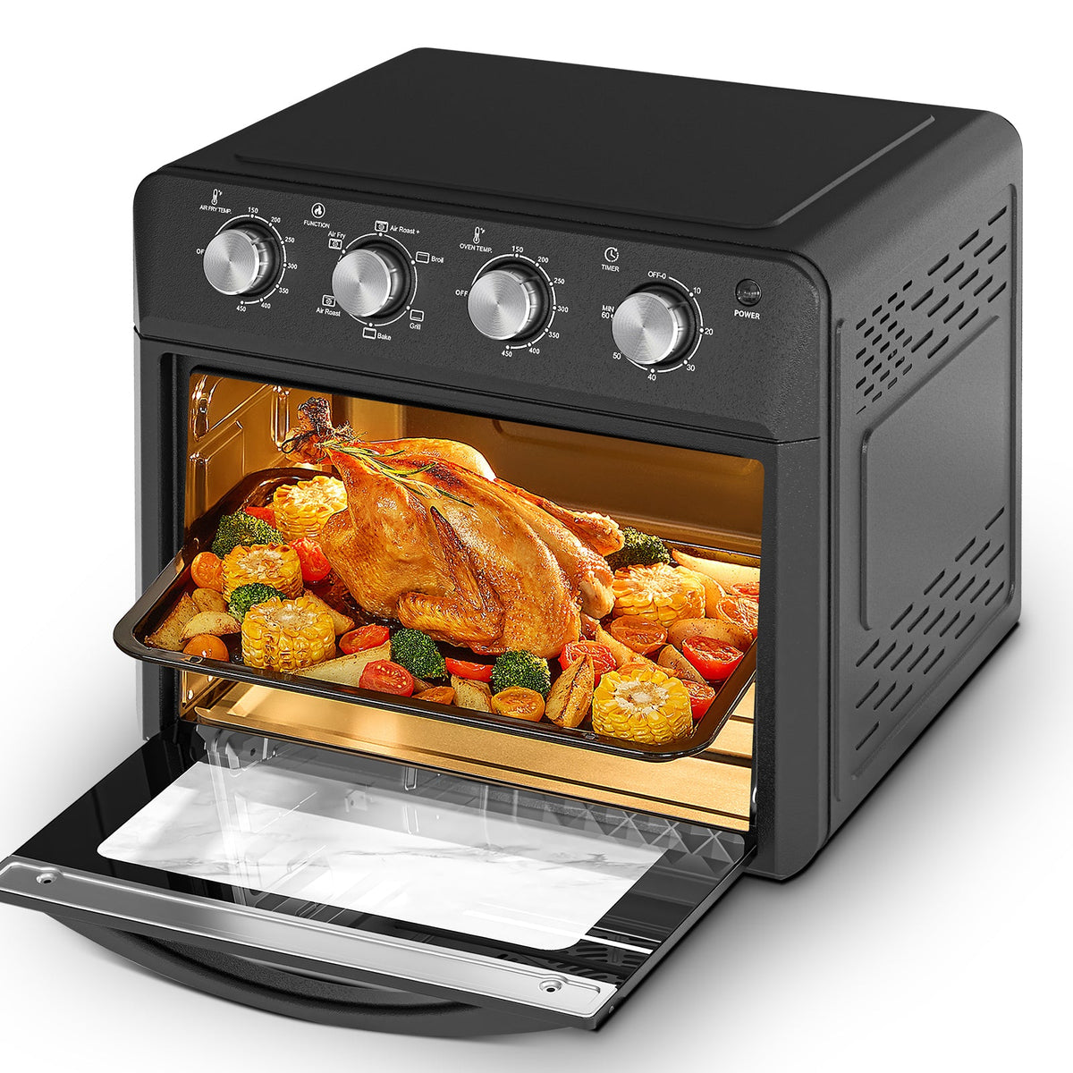 Plum Chef Large Family Air Fryer Oven black countertop unit with four dials door shows turkey on Tampa Home & Garden Store