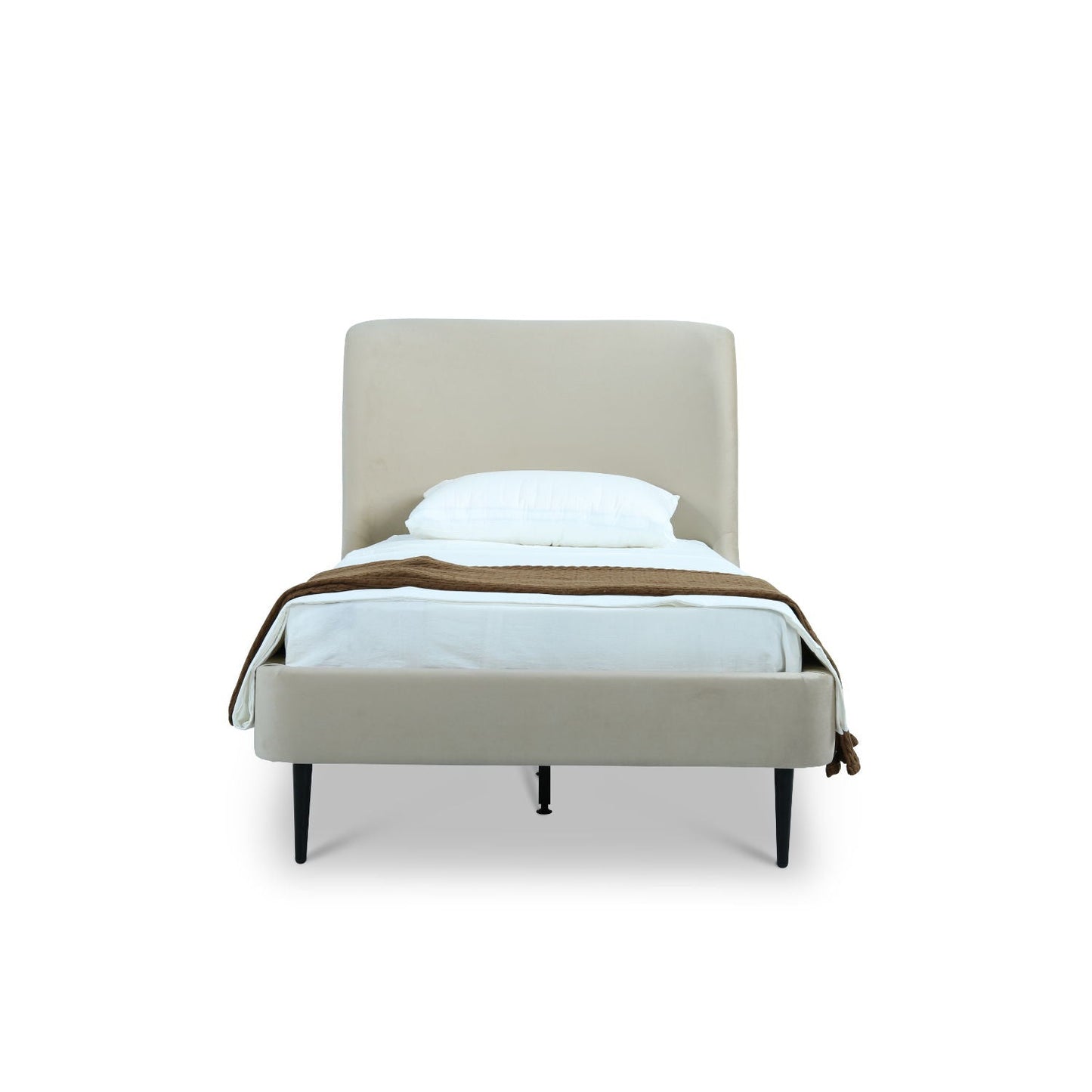 Heather upholstered bed with curved beige headboard, white bedding, HouseOfZazla on Tampa Home & Garden Store