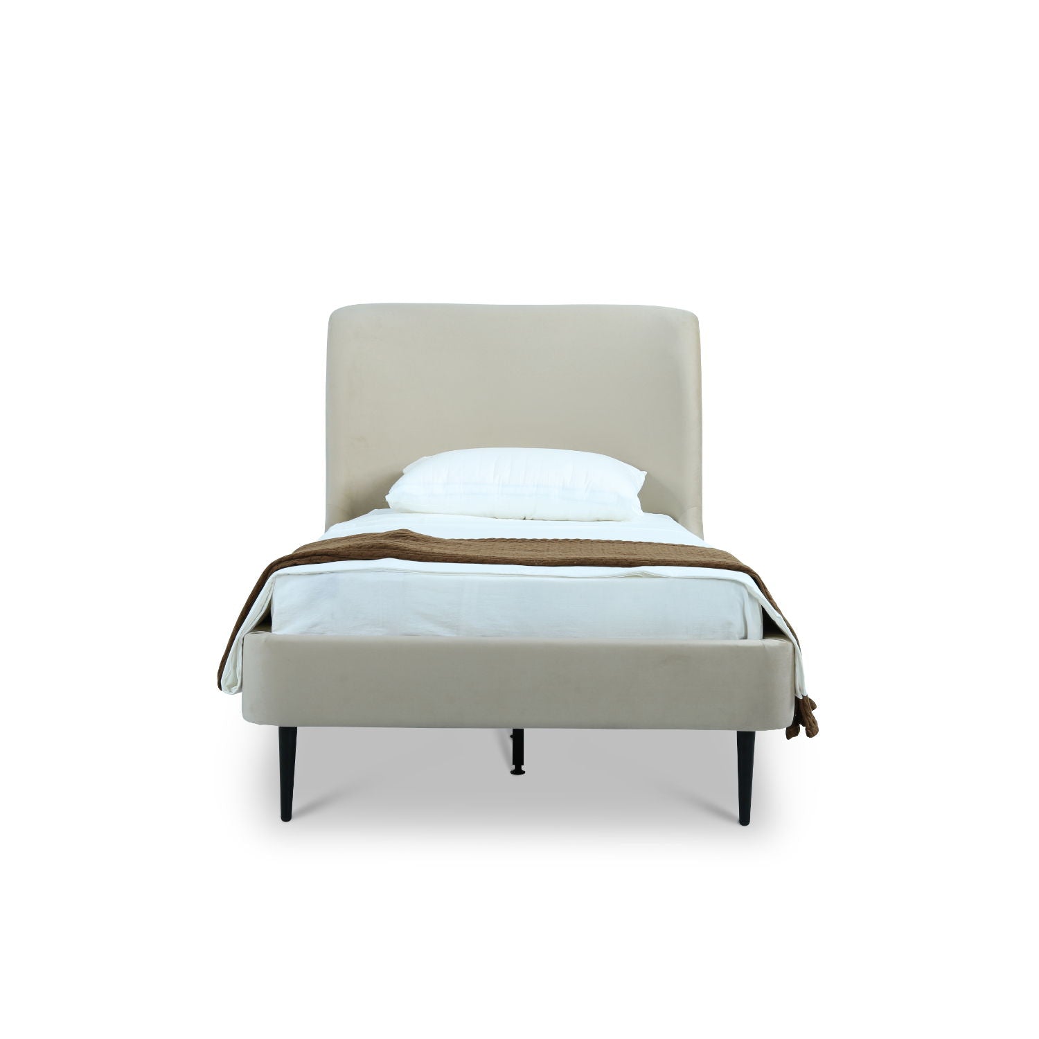 Heather upholstered bed with curved beige headboard, white bedding, HouseOfZazla on Tampa Home & Garden Store