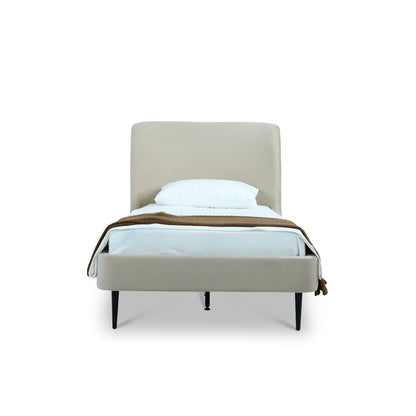Heather upholstered bed with curved beige headboard, white bedding, HouseOfZazla on Tampa Home & Garden Store