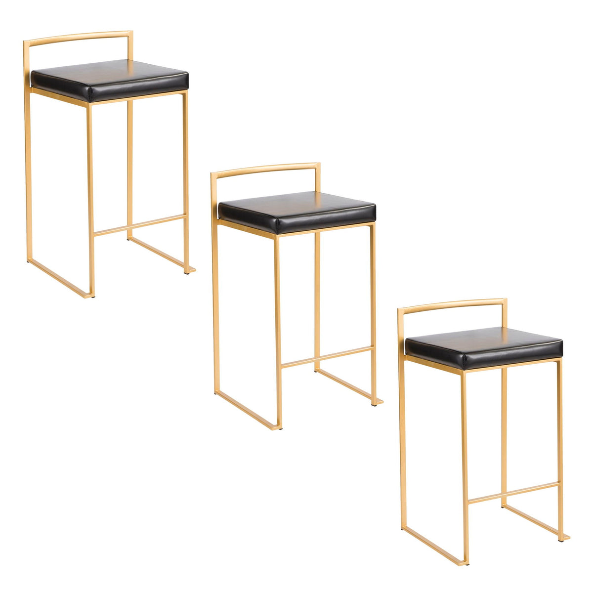 Fuji Contemporary Glam Counter Stool pair with black leatherette cushions and gold frame on Tampa Home & Garden Store