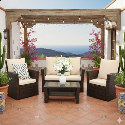 Modern Patio Set with Cushions 4 Piece outdoor wicker with beige cushions and glass table on Tampa Home & Garden Store