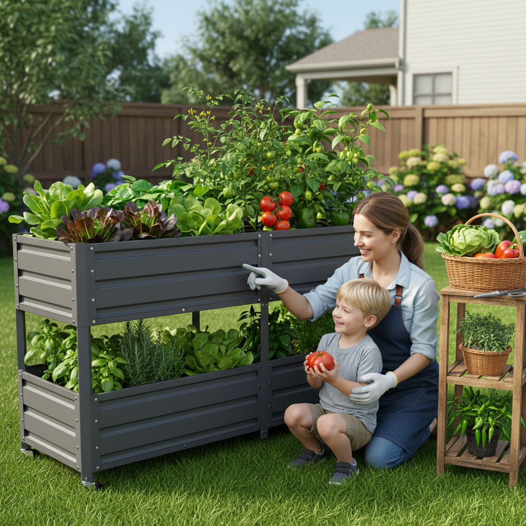 Dual Tier Metal Raised Garden Bed with Lockable Wheels grey greens and tomatoes on Tampa Home & Garden Store