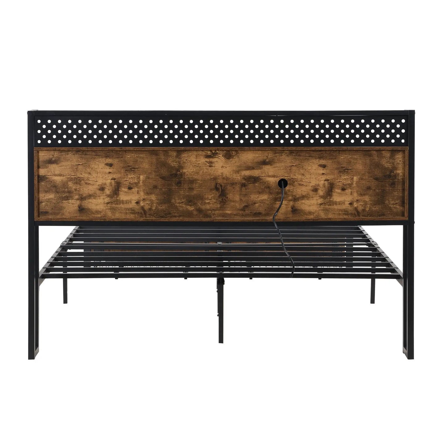 Modern metal platform bed frame with wooden headboard and perforated panel on steel frame on Tampa Home & Garden Store