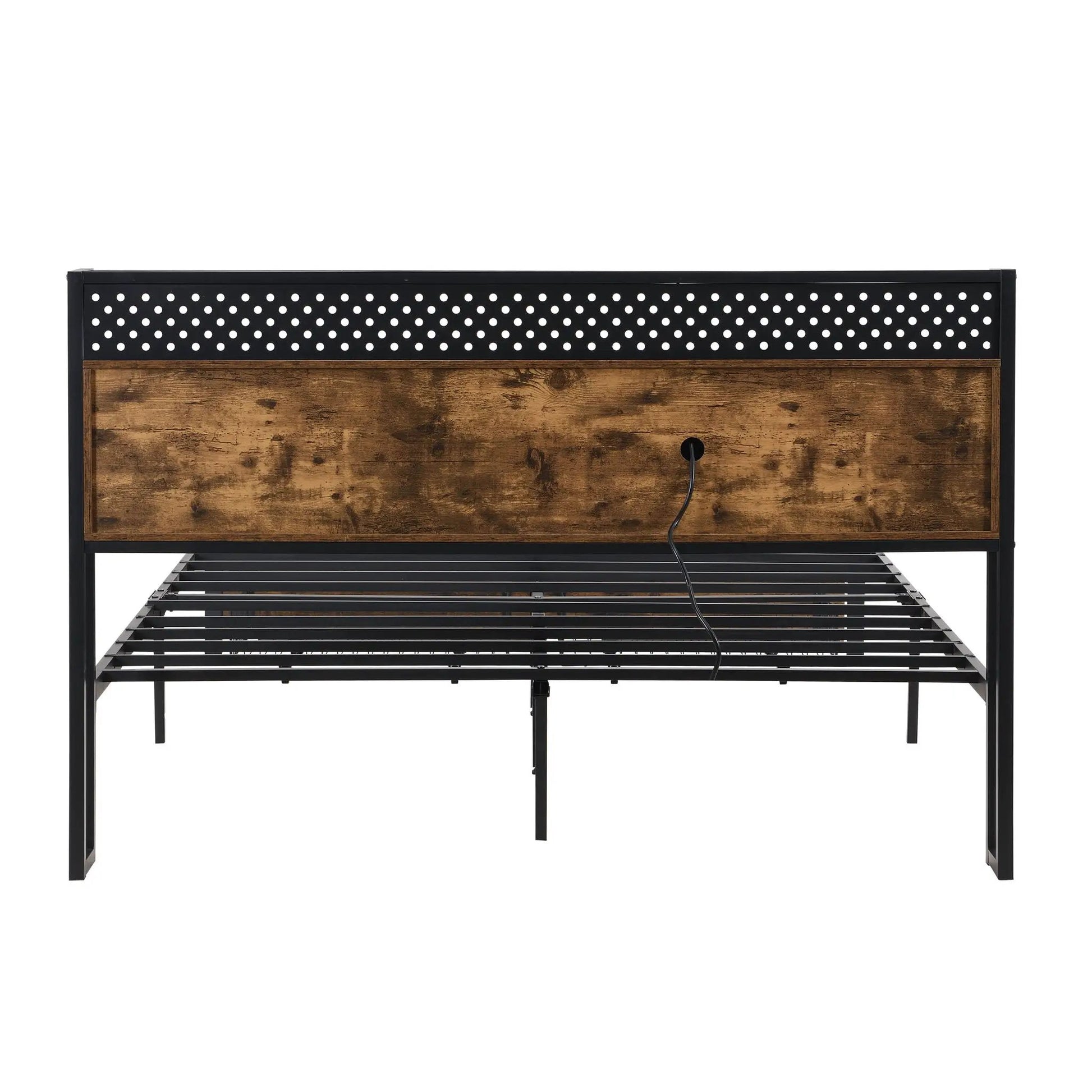 Modern metal platform bed frame with wooden headboard and perforated panel on steel frame on Tampa Home & Garden Store