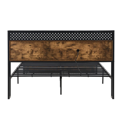 Modern metal platform bed frame with wooden headboard and perforated panel on steel frame on Tampa Home & Garden Store