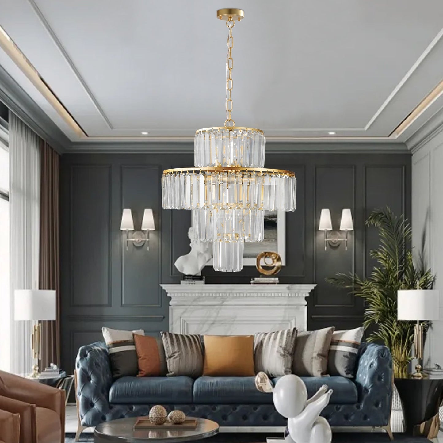 HouseOfZazla 20' Luxury 4-Tier Crystal Chandelier with gold frame and prisms, living room on Tampa Home & Garden Store
