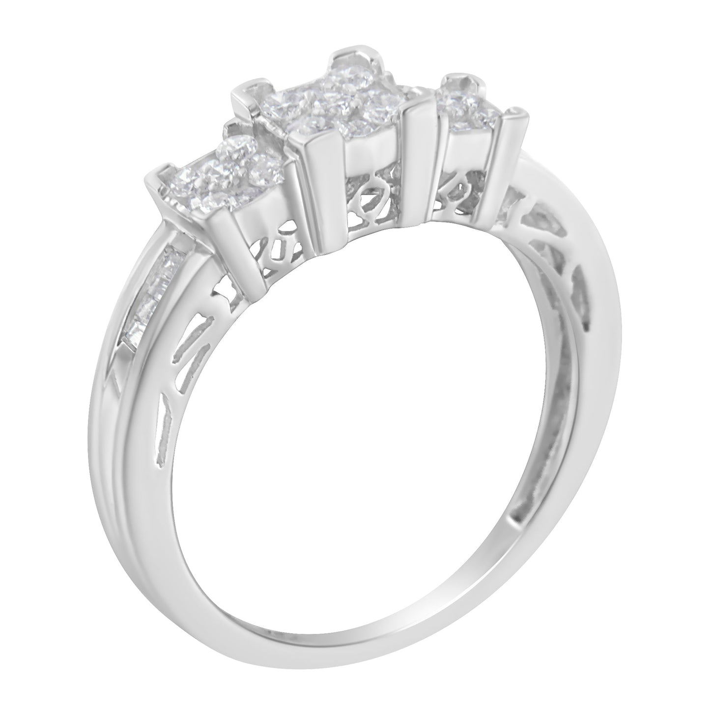 10K white gold engagement ring with 3-stone diamonds, baguette accents, pavé band on Tampa Home & Garden Store