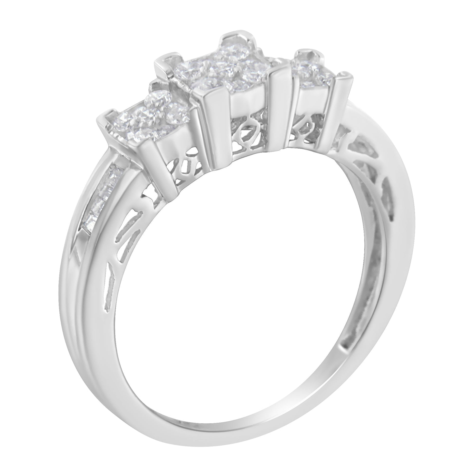 10K white gold engagement ring with 3-stone diamonds, baguette accents, pavé band on Tampa Home & Garden Store