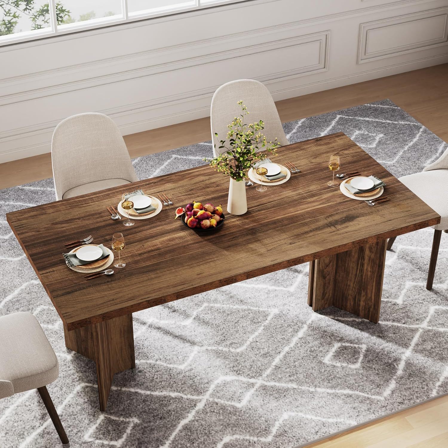 Dining table for 4–6 with thick top, beige upholstered chairs, plates and glasses, vase on Tampa Home & Garden Store