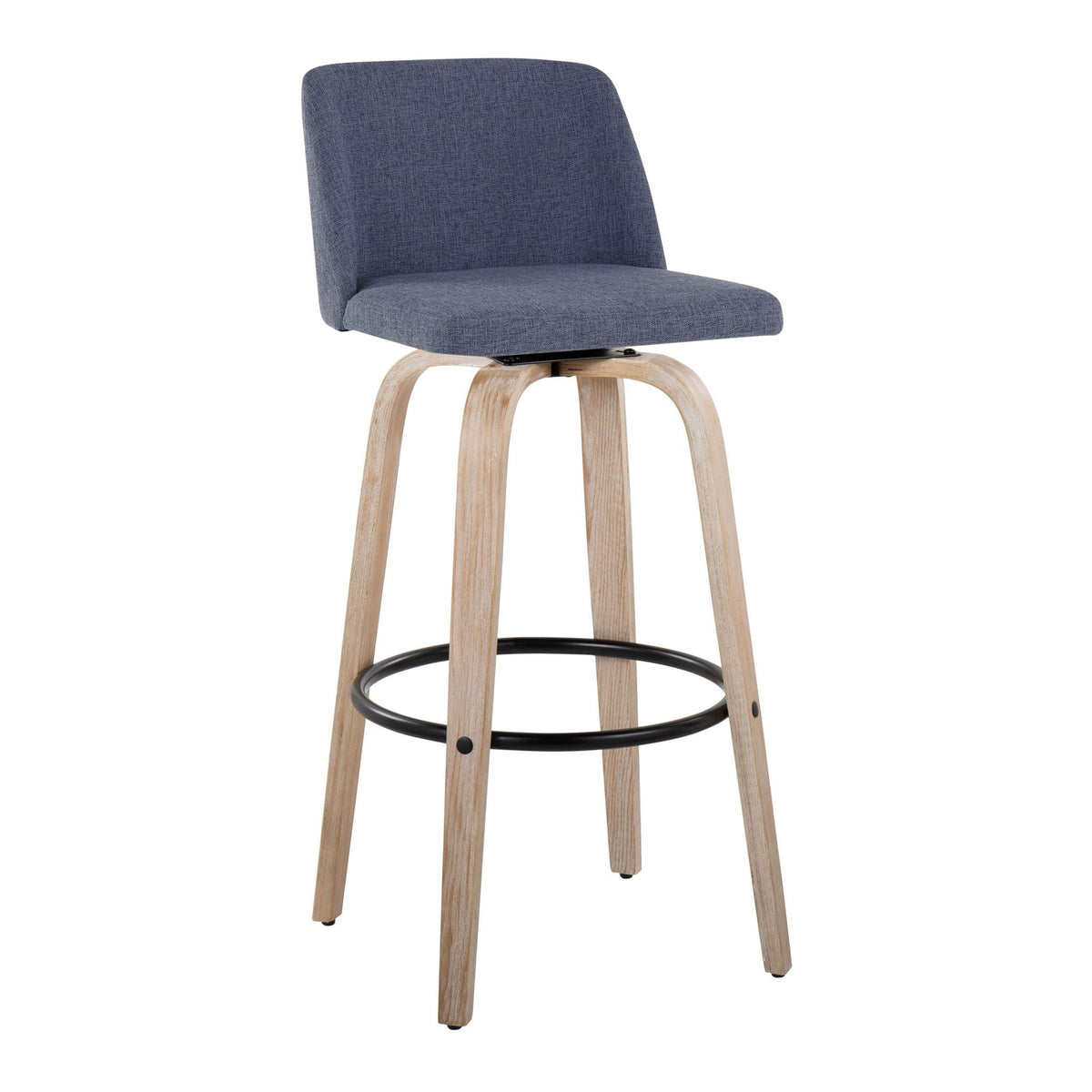 Mid-Century Modern blue upholstered barstool with light wood legs and black footrest on Tampa Home & Garden Store
