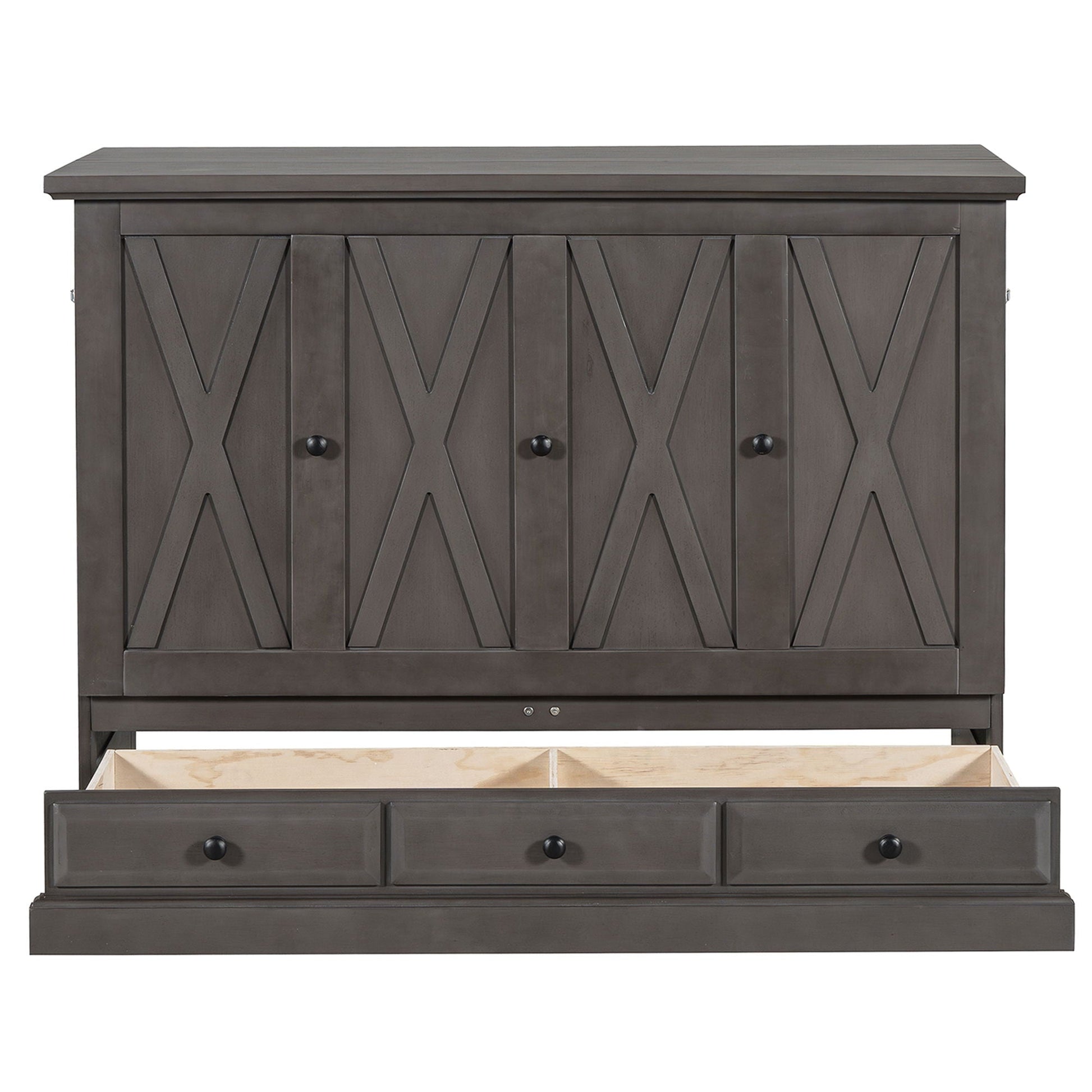 Solid pine Murphy bed chest cabinet in dark gray with diamond-pane doors and large bottom drawer on Tampa Home & Garden Store