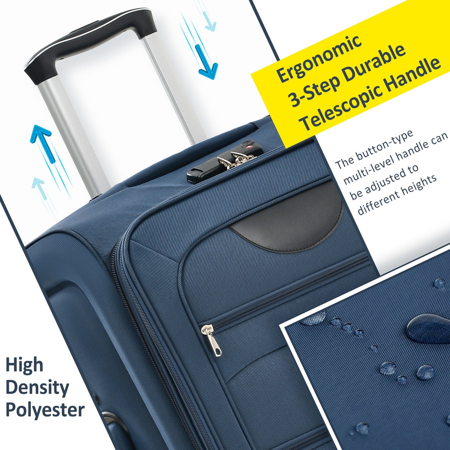 Dark blue softside luggage upright with ergonomic telescoping handle and expandable design on Tampa Home & Garden Store