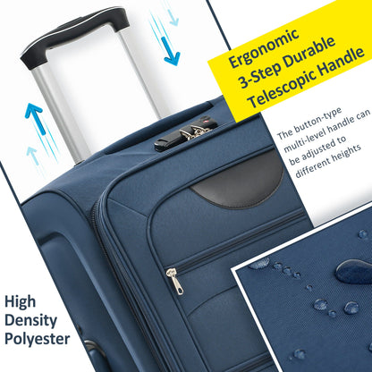 Dark blue softside luggage upright with ergonomic telescoping handle and expandable design on Tampa Home & Garden Store