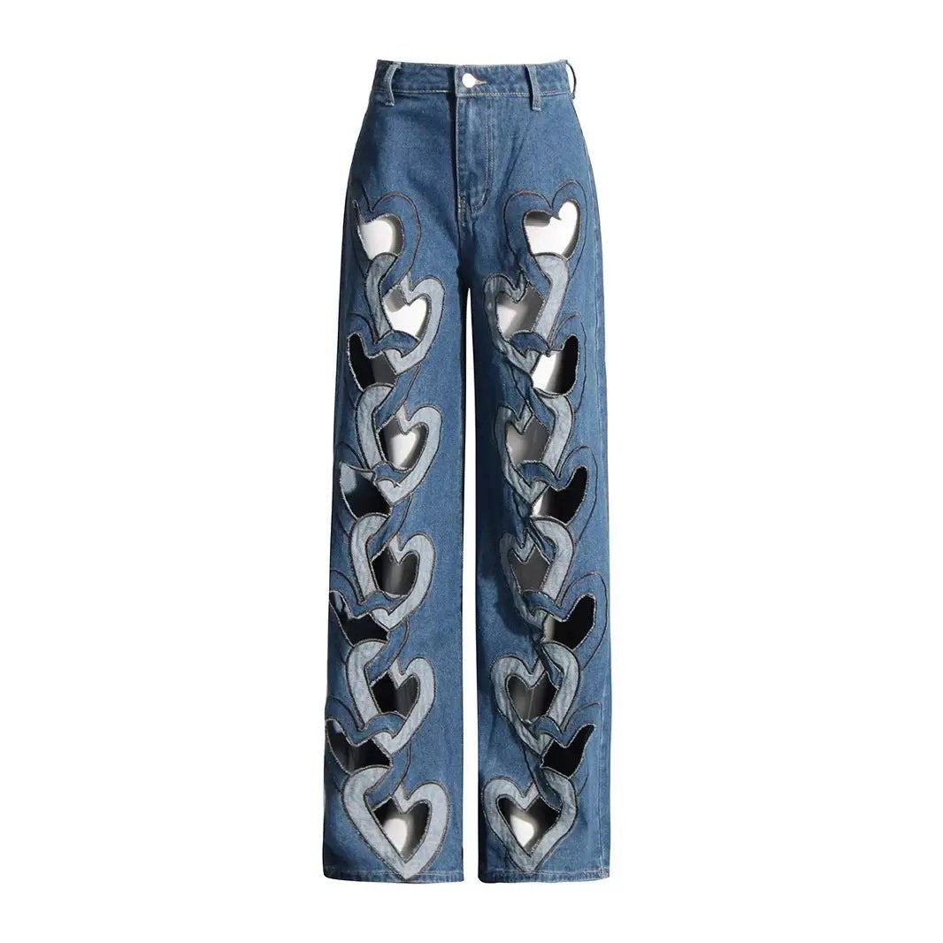 High waist hollowed heart wide-leg jeans in blue denim with heart cutouts by FLIPSTYLEZLLC on Tampa Home & Garden Store