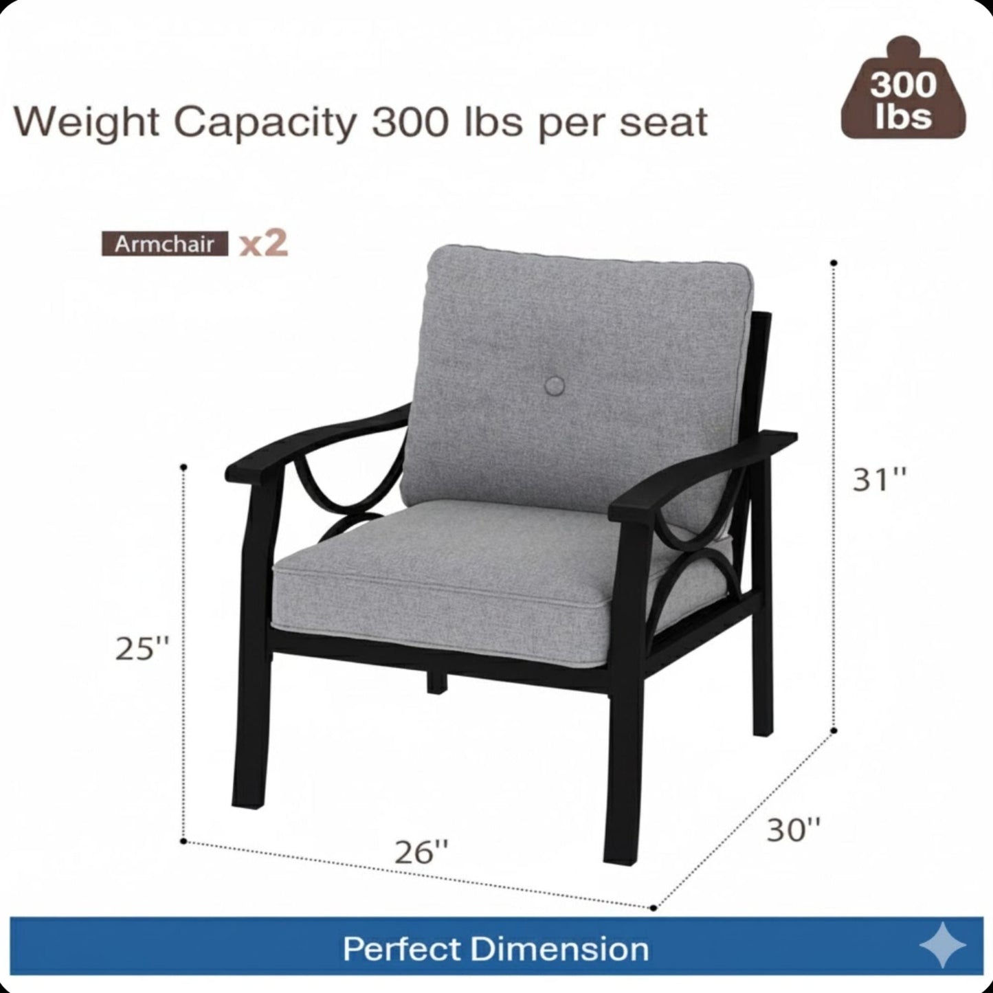 All-Weather Armchairs Set of 2, grey cushions, black frame, HouseOfZazla outdoor chairs on Tampa Home & Garden Store