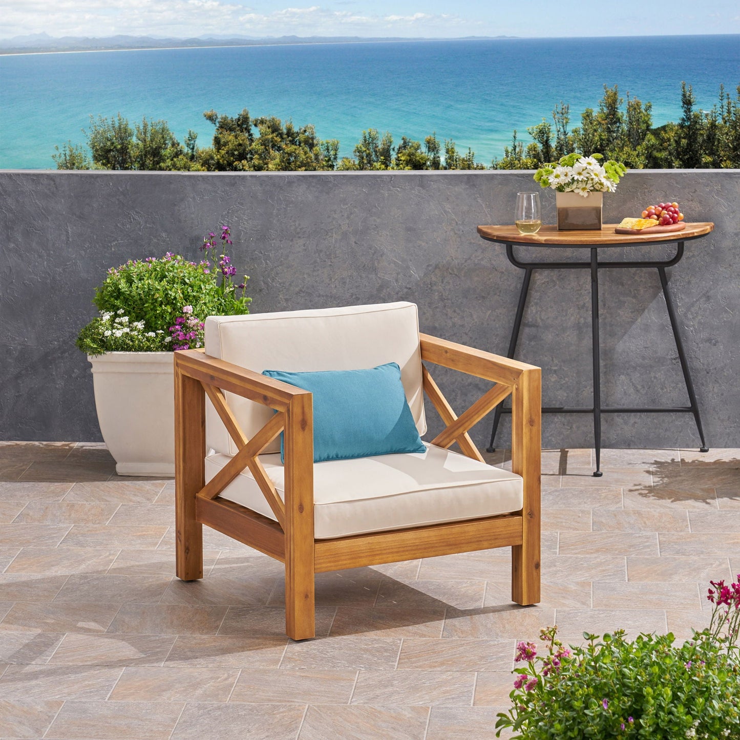 Brava Mid-Century Modern Club Chair with water resistant cushions, wood frame, beige upholstery on Tampa Home & Garden Store