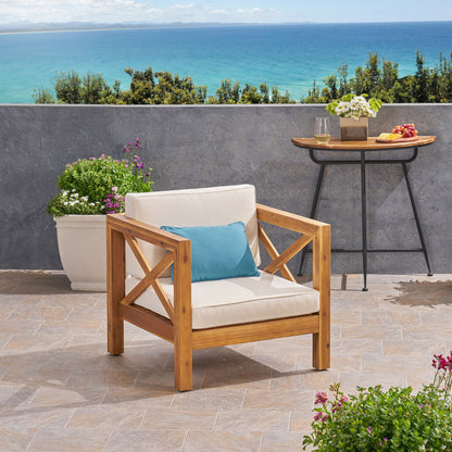 Brava Mid-Century Modern Club Chair with water resistant cushions, wood frame, beige upholstery on Tampa Home & Garden Store