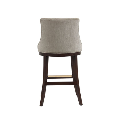 Bar Height Barstool with Backrest beige fabric upholstery, dark wood legs, brass footrest on Tampa Home & Garden Store