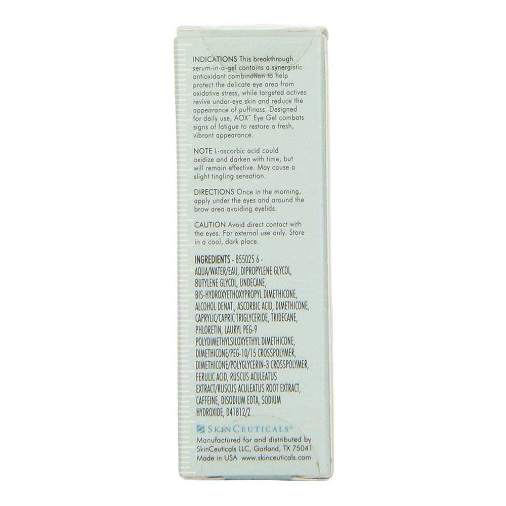 Skinceuticals AOX Eye Gel box back panel showing ingredients, white packaging on Tampa Home & Garden Store
