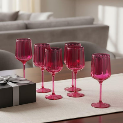 Set of Six Coral Acrylic Stemmed Wine Goblets