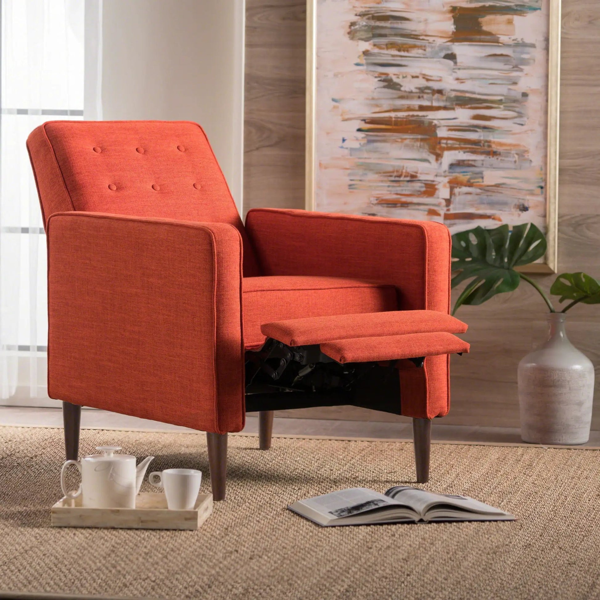 Mid-Century Recliner orange waffle-stitch fabric with button tufting Unique Piece Furniture on Tampa Home & Garden Store