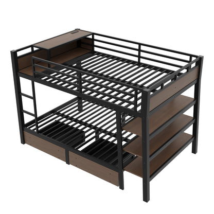Full size metal bunk bed frame in black with storage shelves and USB power strip on Tampa Home & Garden Store